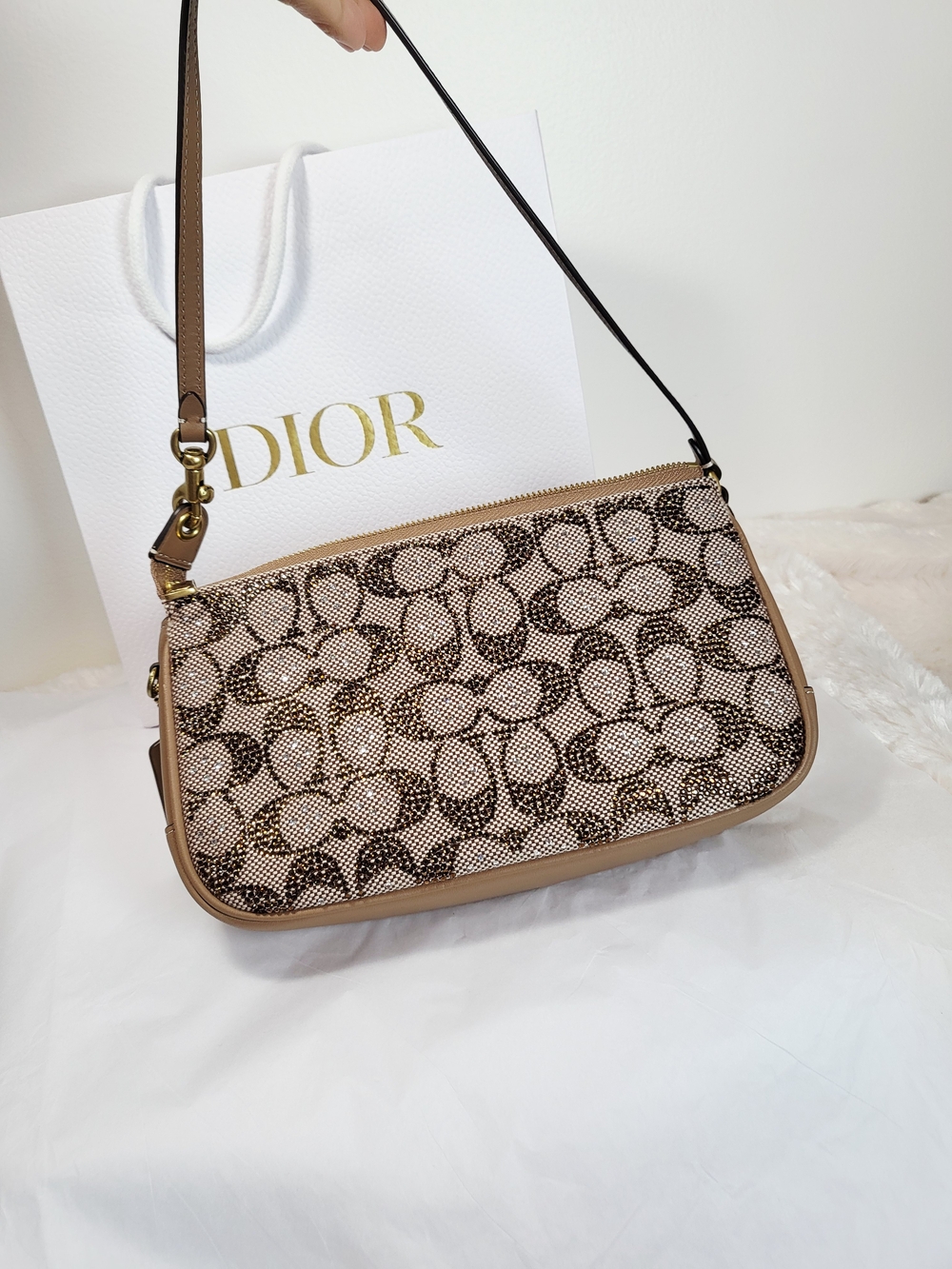 Coach Crystal Beige and Black Signature Jacquard Shoulder Bag